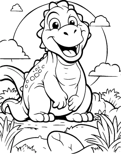 A smiling T-rex sits in grass with the sun and clouds behind it.