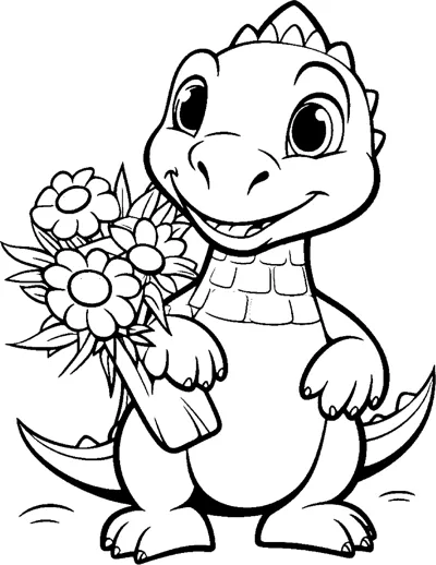 A standing T-rex with a spiky back holds a bouquet of flowers.