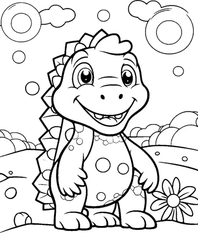A spotted dinosaur stands in a field beside a flower with bubbles in the sky.