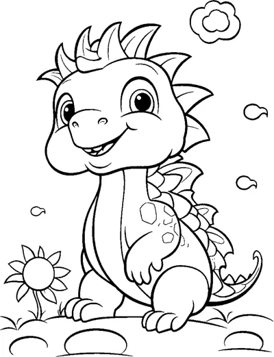 A baby dinosaur with a spiky crest sits beside a flower with a cloud overhead.