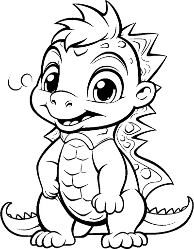 A dinosaur with a spiky mane and a patterned belly stands facing forward.