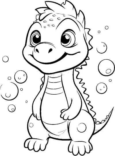 A smiling dinosaur with a ridged back stands as bubbles float around it.