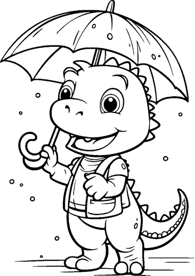 A dinosaur in a jacket holds an umbrella while raindrops fall around it.