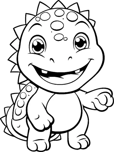 A spotted baby dinosaur with a spiky back waves one arm against a blank background.