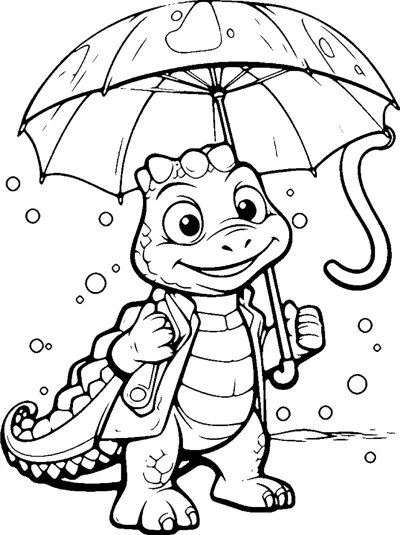 A dinosaur in a raincoat holds a large spotted umbrella while raindrops fall.