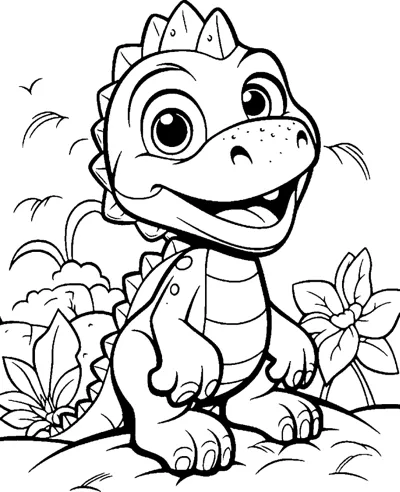 A freckled dinosaur stands smiling among leafy plants and clouds.