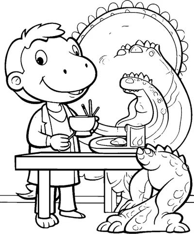 A boy sits at a table eating from a bowl while a long-necked dinosaur eats beside him.