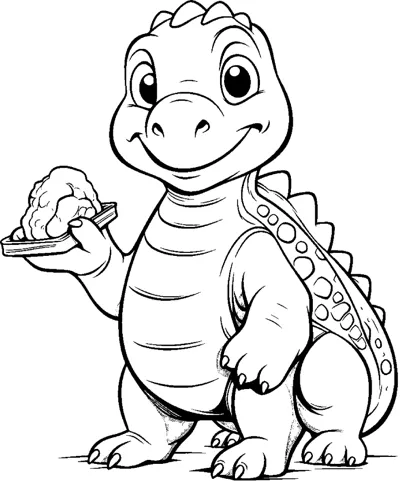 A smiling dinosaur with a patterned back carries a plate of food in one hand.