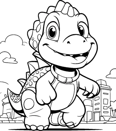 A dinosaur wearing a collar walks through a city with buildings behind it.