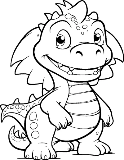 A grinning dinosaur with a wide neck frill and striped belly stands facing forward.