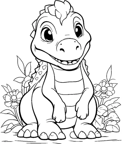 A smiling dinosaur sits among flowers and leafy plants.