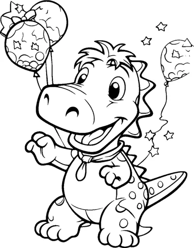 A dinosaur holds spotted balloons on strings with stars around it.