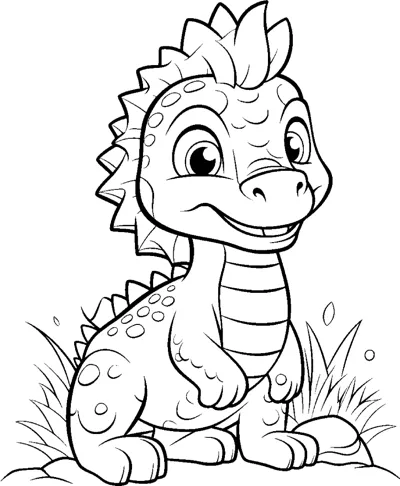 A dinosaur with a spiky head crest sits in grass with rocks beside it.