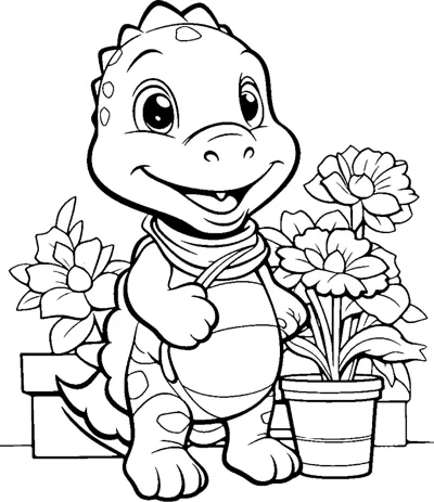 A dinosaur wearing a bandana stands between two pots of flowers.