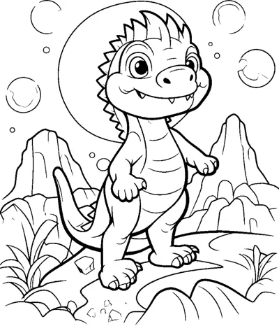 A dinosaur with a spiky crest stands on rocks with mountains and bubbles behind.