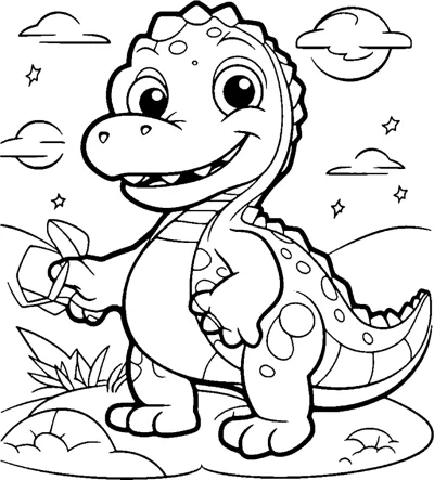 A spotted dinosaur holds a small snack with clouds and stars above.