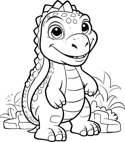 A dinosaur with a spiky back stands beside leafy plants on rocky ground.