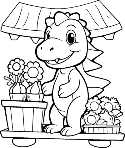 A dinosaur stands under a stall roof with flower pots and baskets of blooms around it.