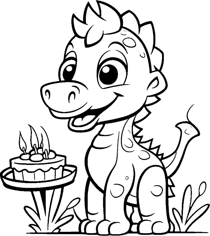 A dinosaur stands beside a birthday cake with candles on a stand.