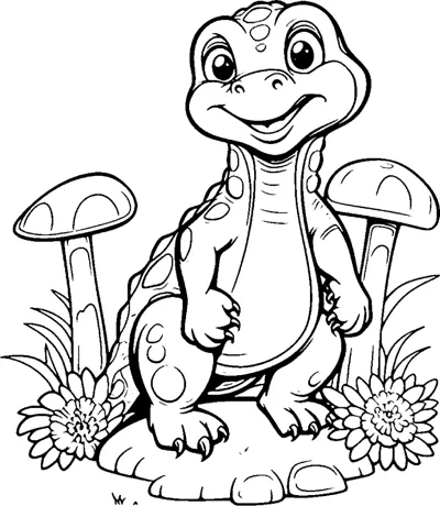 A dinosaur stands on a rock between two tall mushrooms with flowers at its feet.