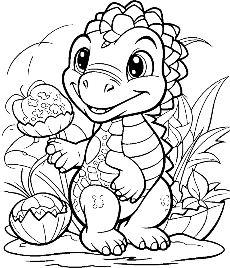 A dinosaur holds a treat beside a cracked egg among leafy plants.
