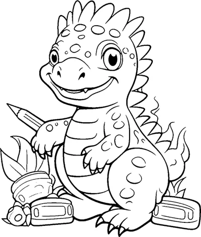 A dinosaur sits with toy cars and a pencil scattered on the floor around it.