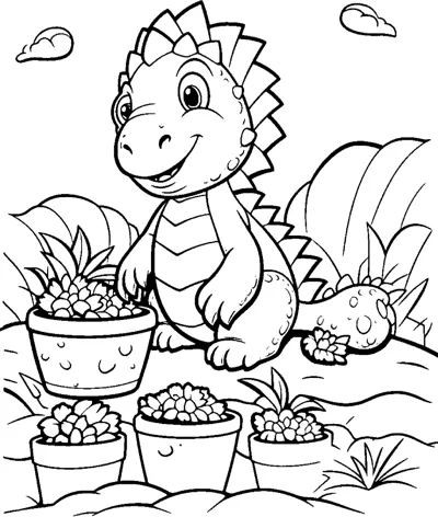 A dinosaur tends several flower pots with clouds and a hill behind.
