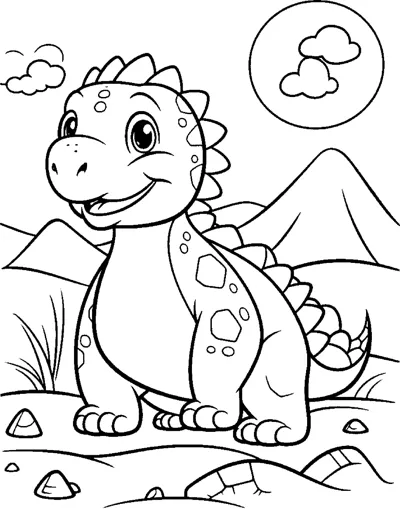A dinosaur stands on dry ground with mountains, a sun and clouds behind it.