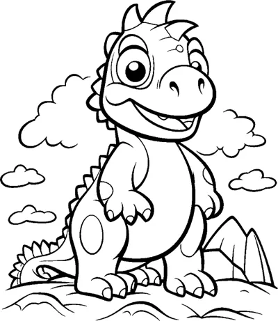 A dinosaur with a spiky back stands on rocky ground with clouds and mountains behind.