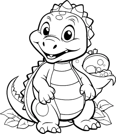 A striped dinosaur carries a basket of fruit with leaves beside it.
