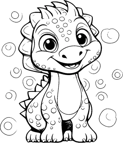 A spotted dinosaur stands smiling with bubbles floating around it.