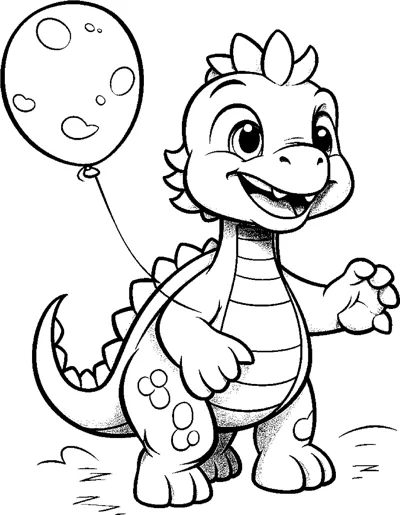 A dinosaur holds a large spotted balloon on a string while standing in grass.