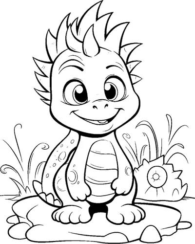 A baby dinosaur with spiky hair sits on rocks beside a cracked egg.