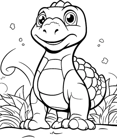 A dinosaur with a scaly shell on its back stands in grass with stars around.