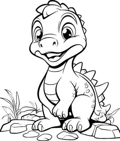 A dinosaur with a spiky back stands on ground scattered with rocks and grass tufts.