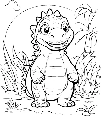 A dinosaur stands in grass with palm trees and the sun behind it.