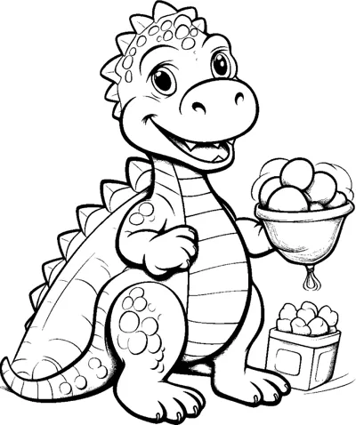 A dinosaur holds a basket of eggs with a crate of eggs beside it.