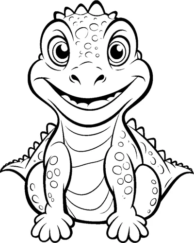 A dinosaur with a large head and spotted body sits smiling with no background.