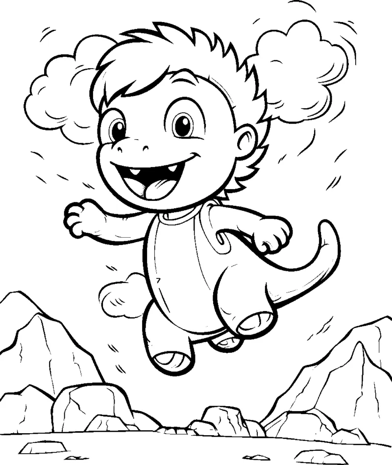 A child in a dinosaur costume jumps with arms out among clouds and rocks.