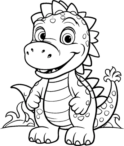 A dinosaur with a striped belly and spiky tail stands facing forward.