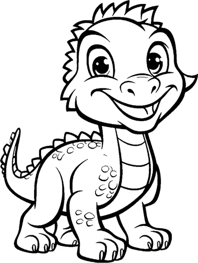 A striped dinosaur with a long tail walks on all fours facing the viewer.