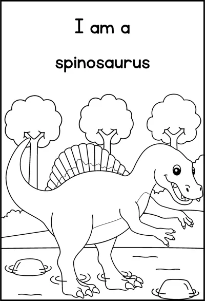 A spinosaurus with a large back sail walks past trees under the words I am a spinosaurus.