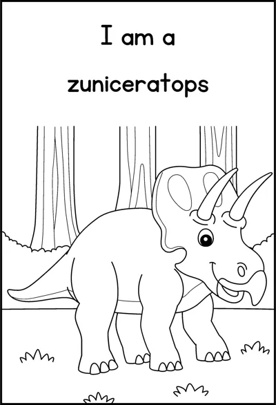 A zuniceratops with horns and a frill stands among tall trees under the words I am a zuniceratops.