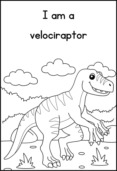 A velociraptor runs on two legs with clouds above under the words I am a velociraptor.