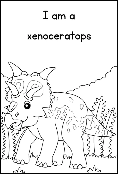 A xenoceratops with a horned frill and spotted body stands among plants under the words I am a xenoceratops.