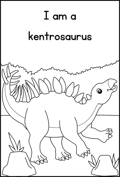 A kentrosaurus with plates and spikes along its back stands under the words I am a kentrosaurus.