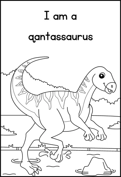 A qantassaurus runs on two legs near water and rocks under the words I am a qantassaurus.