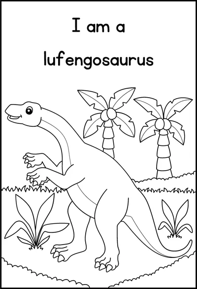 A lufengosaurus stands on two legs among palm trees under the words I am a lufengosaurus.