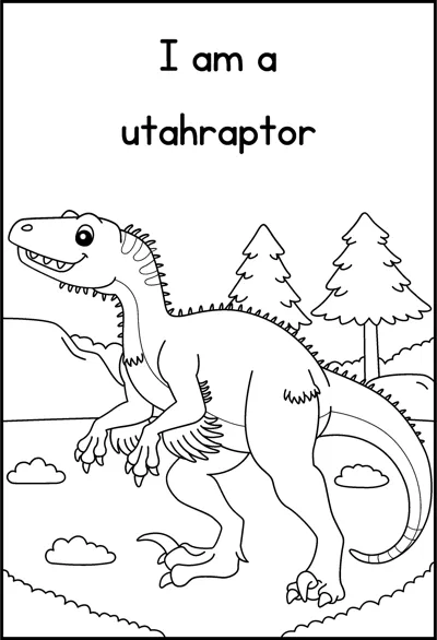 A utahraptor with feathered arms stands near pine trees under the words I am a utahraptor.