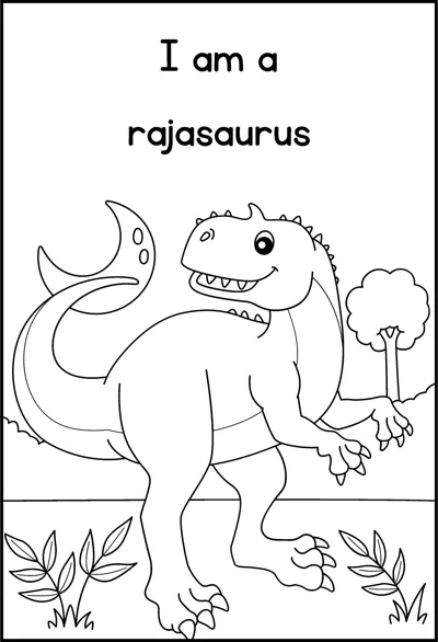 A rajasaurus with a head crest stands with a tree behind it under the words I am a rajasaurus.